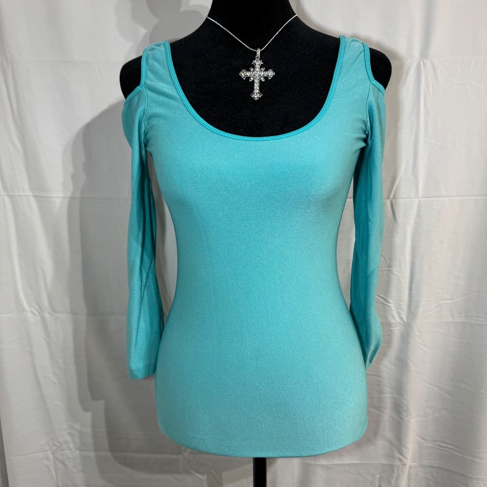 bebe Y2K Aqua Blue Cold Shoulder Long Sleeve Top Shirt Stretch P/S‎
